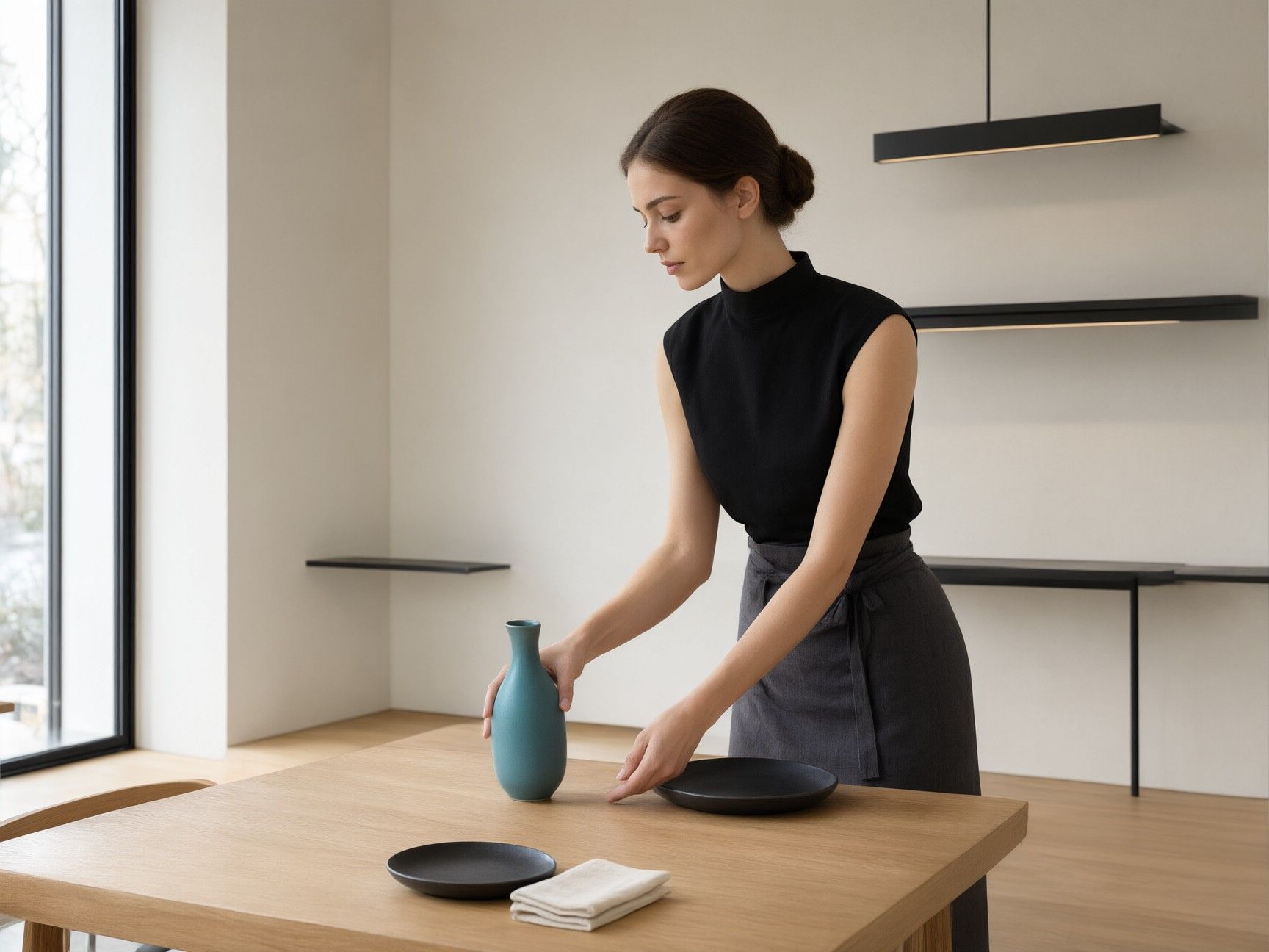 Anfitrión de un local contemporáneo prepara una mesa junto a la ventana